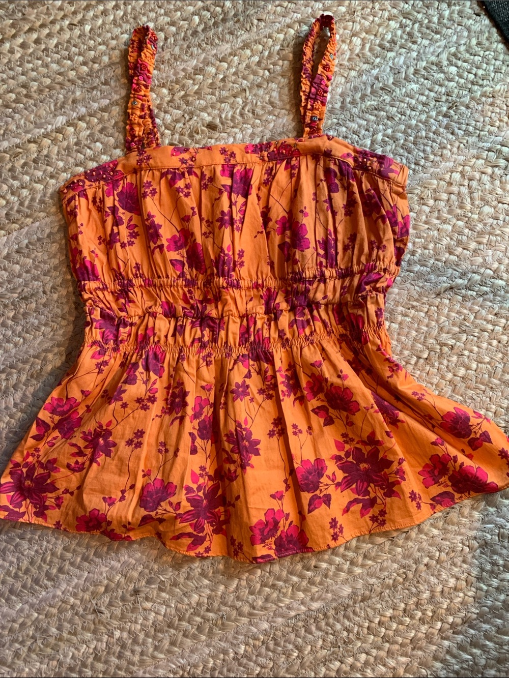 100% Cotton Floral Smocked Orange Tank with Pink Print and Beadwork